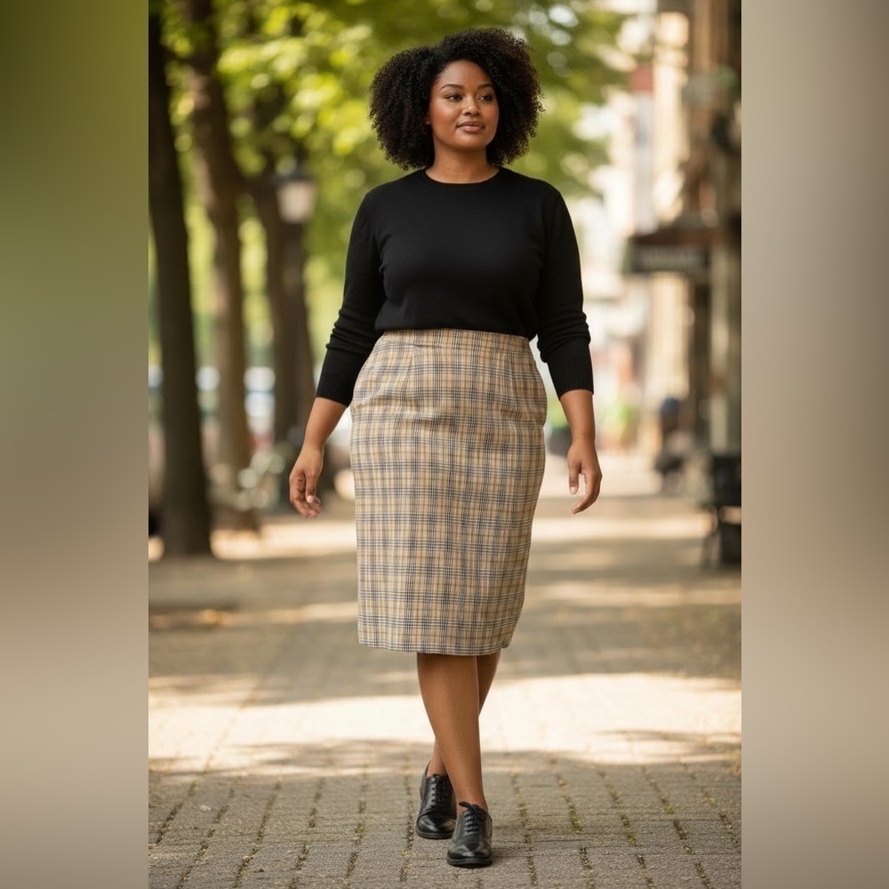 Le Suit Tan and Black Checkered Pencil Skirt - Size 18